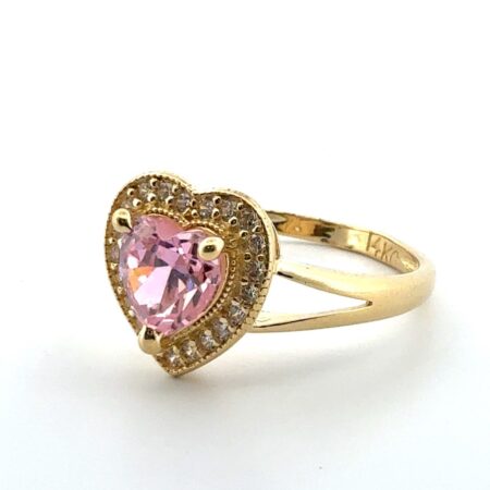Size: 8 - 14k Yellow Gold Pink Heart & Diamond Halo Ring 2.6g