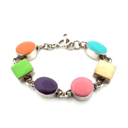 7” Mexico 925 Sterling Silver Multi-Color Stone Link Toggle Clasp Bracelet 45.7g