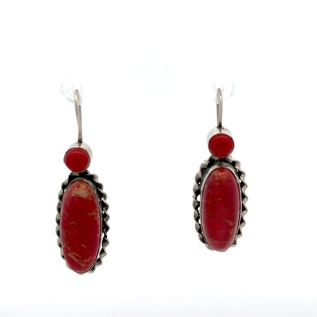 .925 Sterling Silver Red Turquoise & Coral Dangle Earrings - 9.1g
