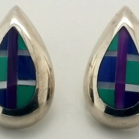 Sterling Silver Inlay Multi-Color Turquoise Teardrop Shape Earrings 7.4 Grams
