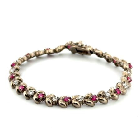 7” x 6.5mm Lab Ruby & CZ 925 Sterling Silver Flower Link Tennis Bracelet 11.3g