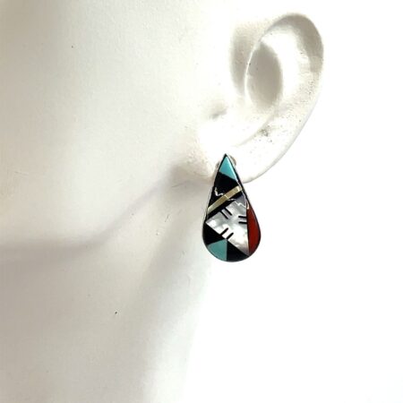Zuni Sterling Silver Multi-stone Inlay Tear Drop Earrings by Sue
