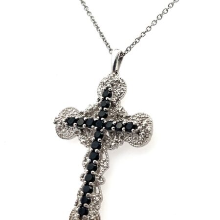 20” STS Karis 925 Black Onyx Filigree Cross Pendant on St.Steel Rolo Chain 10.8g
