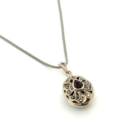 18” Thailand 925 Sterling Silver Purple Pear Crystal Locket Pendant Necklace 9g