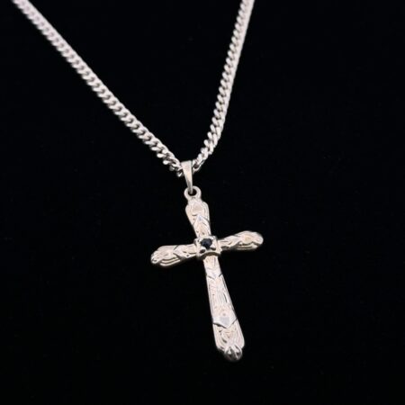 24” 925 Sterling Silver Sapphire Cross Pendant Curb Chain Necklace 15.9g