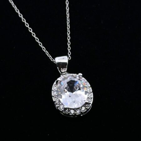 18” Oval Cubic Zirconia Halo Pendant Cable Chain Necklace 4.3g