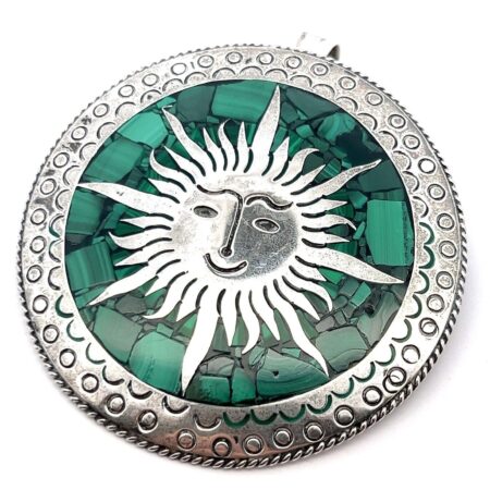 Mexico 925 Sterling Silver Large Round Malachite Chip Inlay Sun Pendant/Brooch