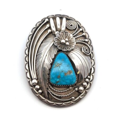 Large 925 Sterling Silver Turquoise Floral Pendant 39.1g