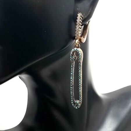 Antique Copper Turquoise & Crystal Paperclip Design Dangle Earrings - 7.5 grams