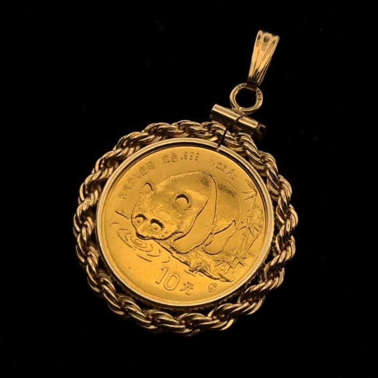 1/10oz .999 Fine Gold Chinese Panda Coin in 14k Yellow Gold Rope Bezel Pendant
