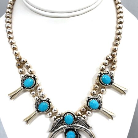 Carolyn Pollack SS Squash Blossom 16-18” Adjustable Turquoise Necklace 49.7Grams