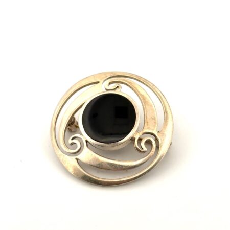 925 Sterling Silver Black Onyx Open Work Swirl Brooch/Pin 8.3g