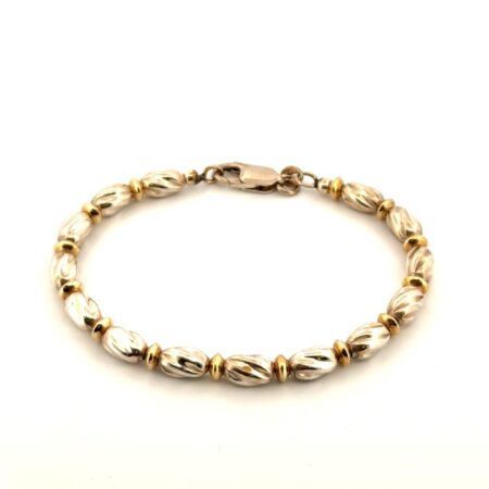 6.5” Two-Tone 925 Sterling Silver Barrel Beaded Bracelet 10.1g