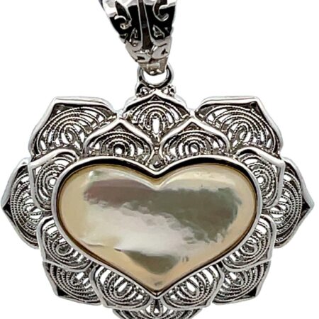 925 Sterling Silver Mother of Pearl Filigree Heart Pendant 9.8 Grams