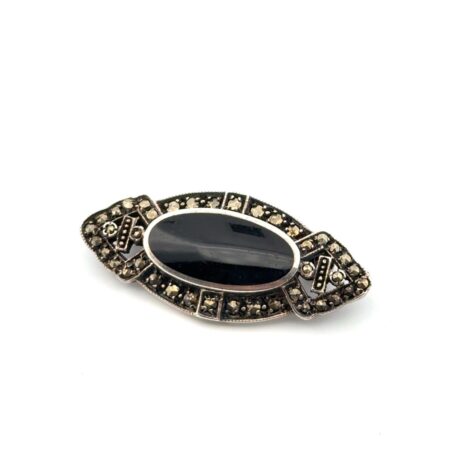 Vintage 925 Sterling Silver Onyx & Marcasite Bar Brooch/Pin 6.6g