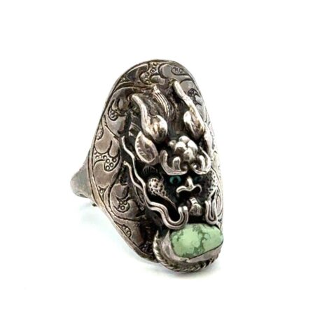 Vintage 925 Sterling Silver Chinese Dragon Head, Turquoise Ring, Size-10, 7.0g