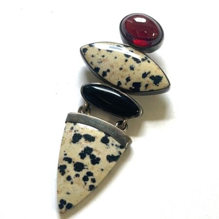 925 Sterling Silver Dalmation Jasper Onyx and Amber Pendant Brooch Pin 16.3g