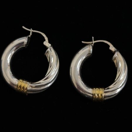 .925 Sterling Silver Twist Ridge 2 Tone Hoop Earrings, 6.8g