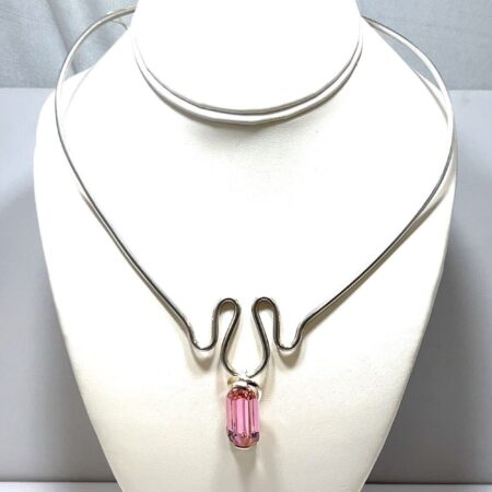 925 Sterling Silver Pink Glass Faceted Crystal Pendant Choker Necklace 37.4g