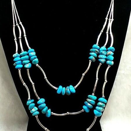 Vintage Sterling Silver Castle Dome Turquoise 3 Strand Liquid Silver Necklace