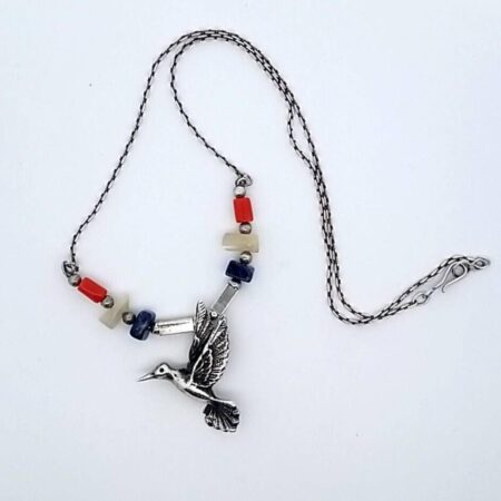 17" Sterling Silver Hummngbird Necklace w/ Lapis, Quartz, & Coral 9.9g