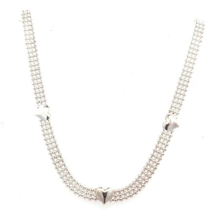 18” x 5mm .925 Sterling Silver Triple Strand Brad Necklace w/ 3 Hearts 14.1g