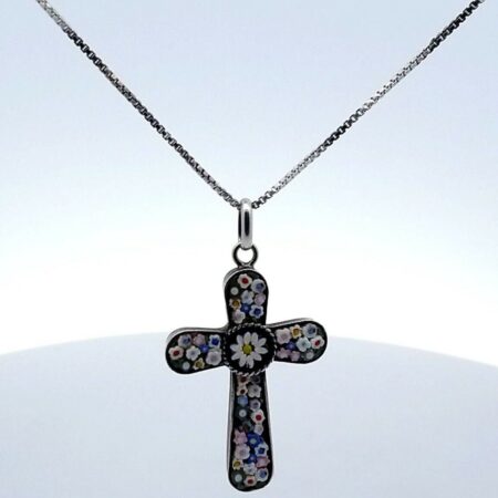 Sterling Silver 18" Box Chain Micromosaic Budded with Little Flowers Cross 6.9G
