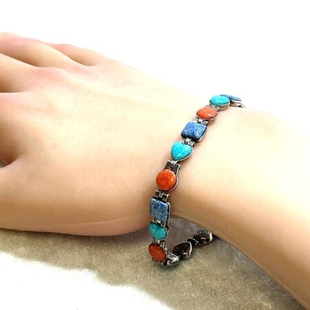 Vintage Carolyn Pollack Sterling Silver, Turquoise, Coarl and LAps 7.5" Bracelet