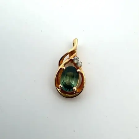 14k Y.G. Oval Green Sapphire w/ 2 Small Round White Topaz Swirl Pendant - 1.7g