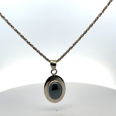 Vintage Sterling 925 Hematite Oval Pendant on Sterling 19” Rope Chain 25.2 Grams