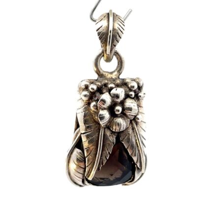 Vintage Sterling Silver Faceted Smoky Quartz Flower & Leaf Design Pendant