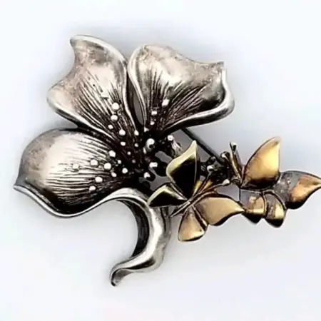Vintage Sterling Silver Flower with Gold Tone Butterfly Brooch Pin 12.6 Grams