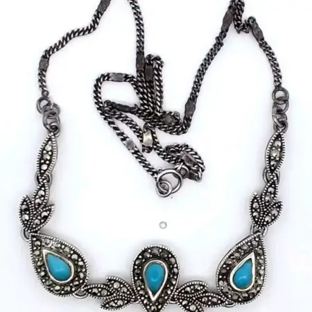 Vintage Marsala Sterling Silver Marcasite & Opaque Blue Amazonite 16" Necklace