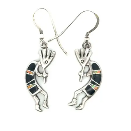 Native American Navajo .925 Sterling Silver Opal Onyx Kokopelli Earrings, 5.9g