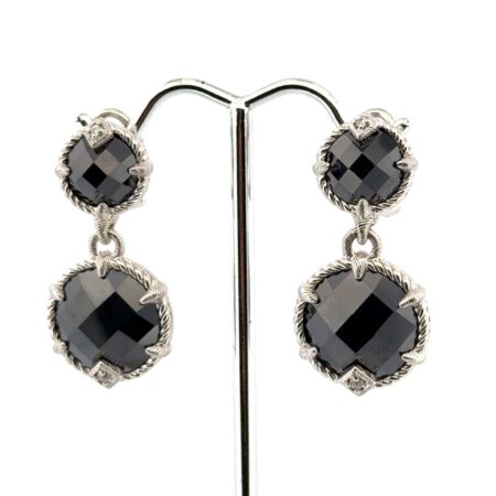 Judith Ripka 925 Sterling Silver Onyx & CZ Dangle Omega Back Earrings 19.7g