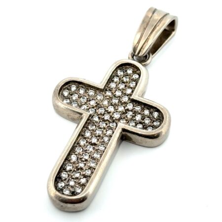 Large 925 Sterling Silver Cubic Zirconia Rounded Cross Pendant 31.3g