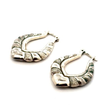 925 Sterling Silver Elongated Textured Hoop Earrings, 8.5g