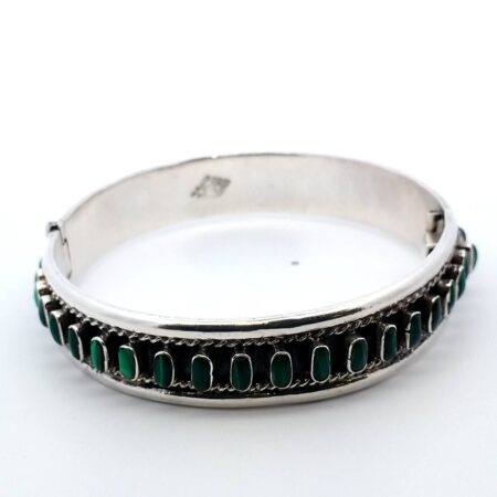 Taxco 925 Sterling Silver Malachite Hinged Bangle 7.5 " Bracelet 44.4 Grams