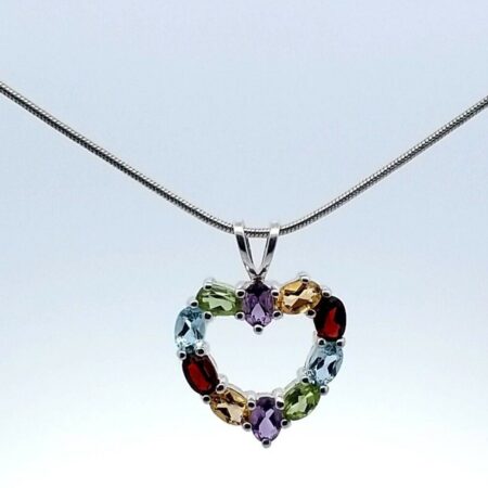 925 Sterling Snake 16" Chain with Multi-Color Gemstones Open Heart Pendant