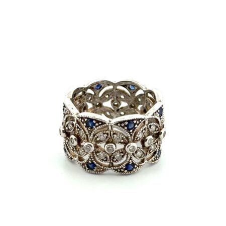 Size: 8 ESPO 925 Sterling Silver Filigree Band Ring Blue & White CZ Stones 8.2g