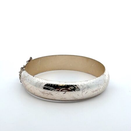 7.5” Vintage 925 SS Etched Detailing Bangle Bracelet Hinged w/ Safety Chain 18g