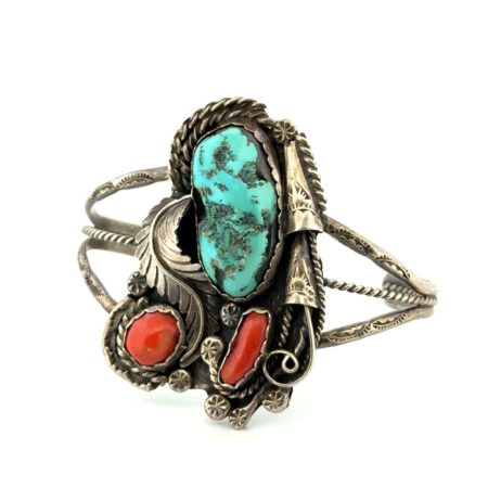 6.5” Skystone Gallery 925 Sterling Silver Turquoise & Red Coral Cuff Bracelet