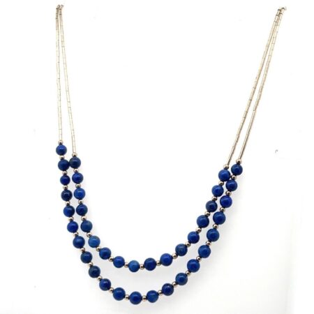 925 Sterling Silver Double Strand Lapis Ball Bead Necklace 21”-25” Adjustable