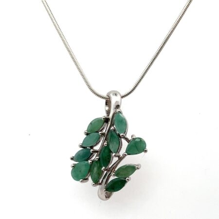 18” 925 Sterling Silver Floral Emerald Pendant Snake Chain Necklace 7.8g