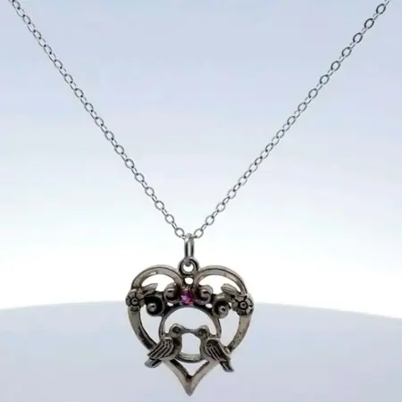 Vintage Franklin Mint 1981 Sterling Heart Pendant Kissing Birds Ruby Flowers