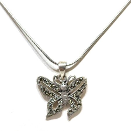 18” 925 Sterling Silver Marcasite Butterfly Pendant Snake Chain Necklace 7.6g