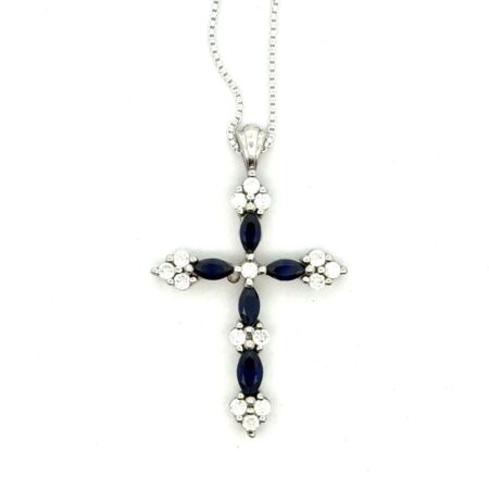 18” .925 Sterling Silver, Sapphire & CZ Cross Pendant, Box Chain, 4.3g