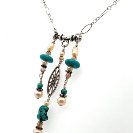 20” 925 Sterling Silver, Turquoise Crystal & Pearl Necklace w/ 2” Tassel 8.1g