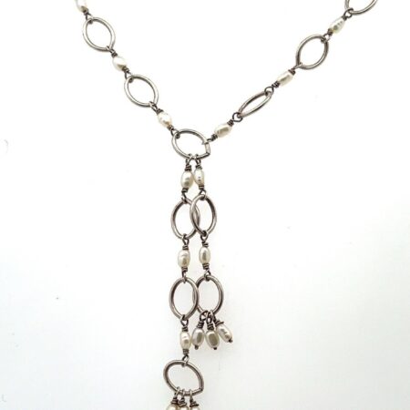 16”-18” Adjustable 925 SS & Freshwater Pearl Drop Necklace w/ 2” Tassel 4.2g