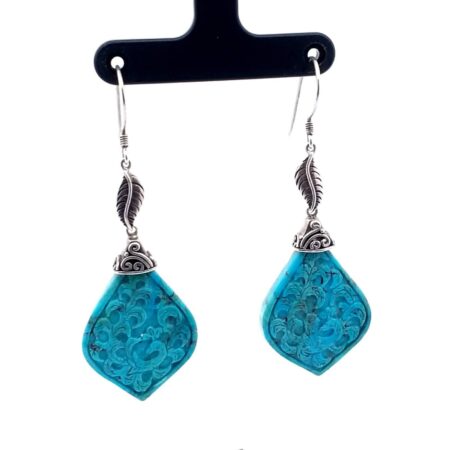 925 Sterling Silver Carved Turquoise Feather Drop Earrings 10.7 Grams